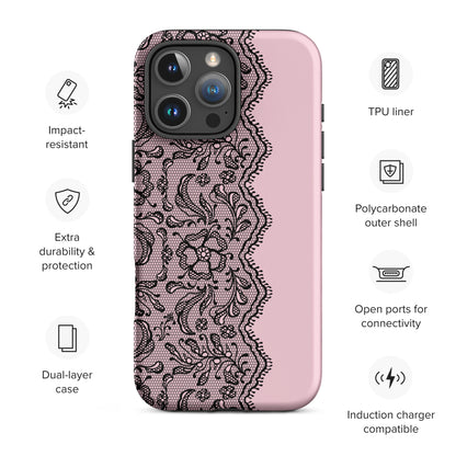 Blush Pink Black Lace Edge Tough Case for iPhone