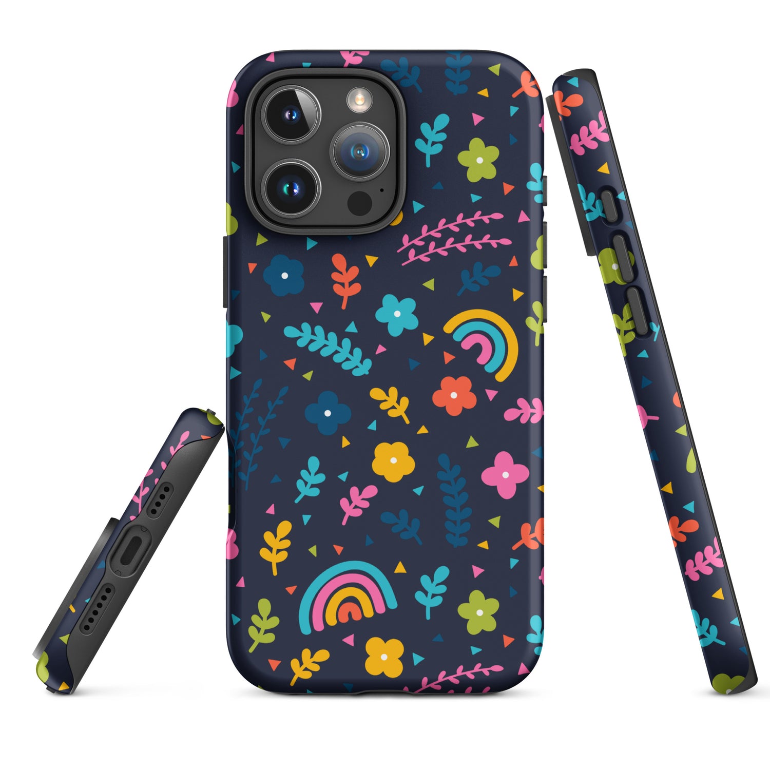 Navy Rainbow Floral Confetti Tough Case for iPhone