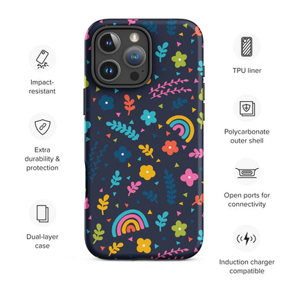 Navy Rainbow Floral Confetti Tough Case for iPhone
