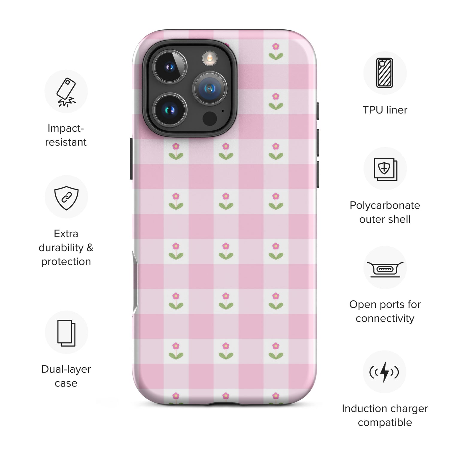 Blush Pink Gingham Floral Tough Case for iPhone