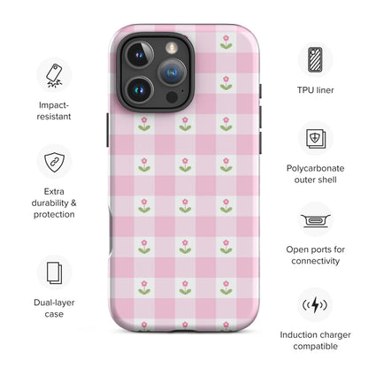 Blush Pink Gingham Floral Tough Case for iPhone