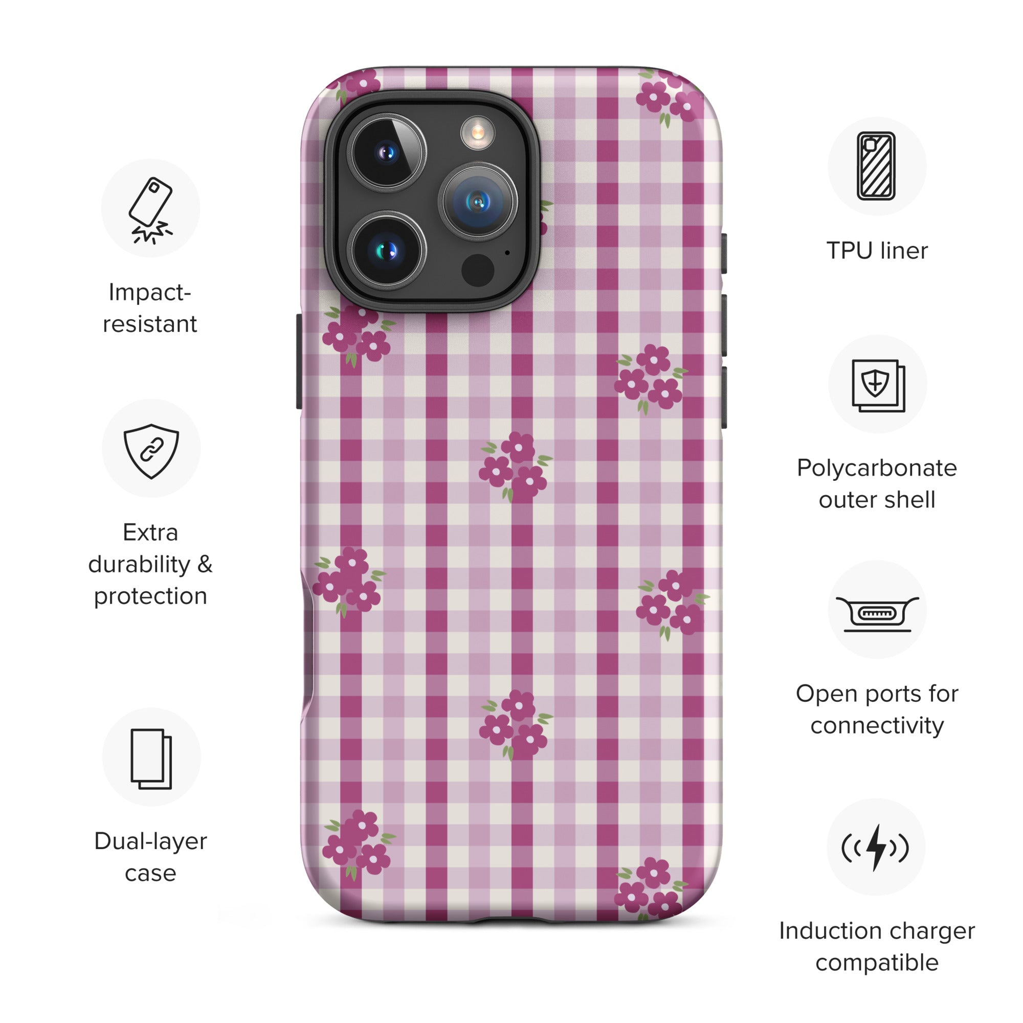 Plum Gingham Floral Tough Case for iPhone