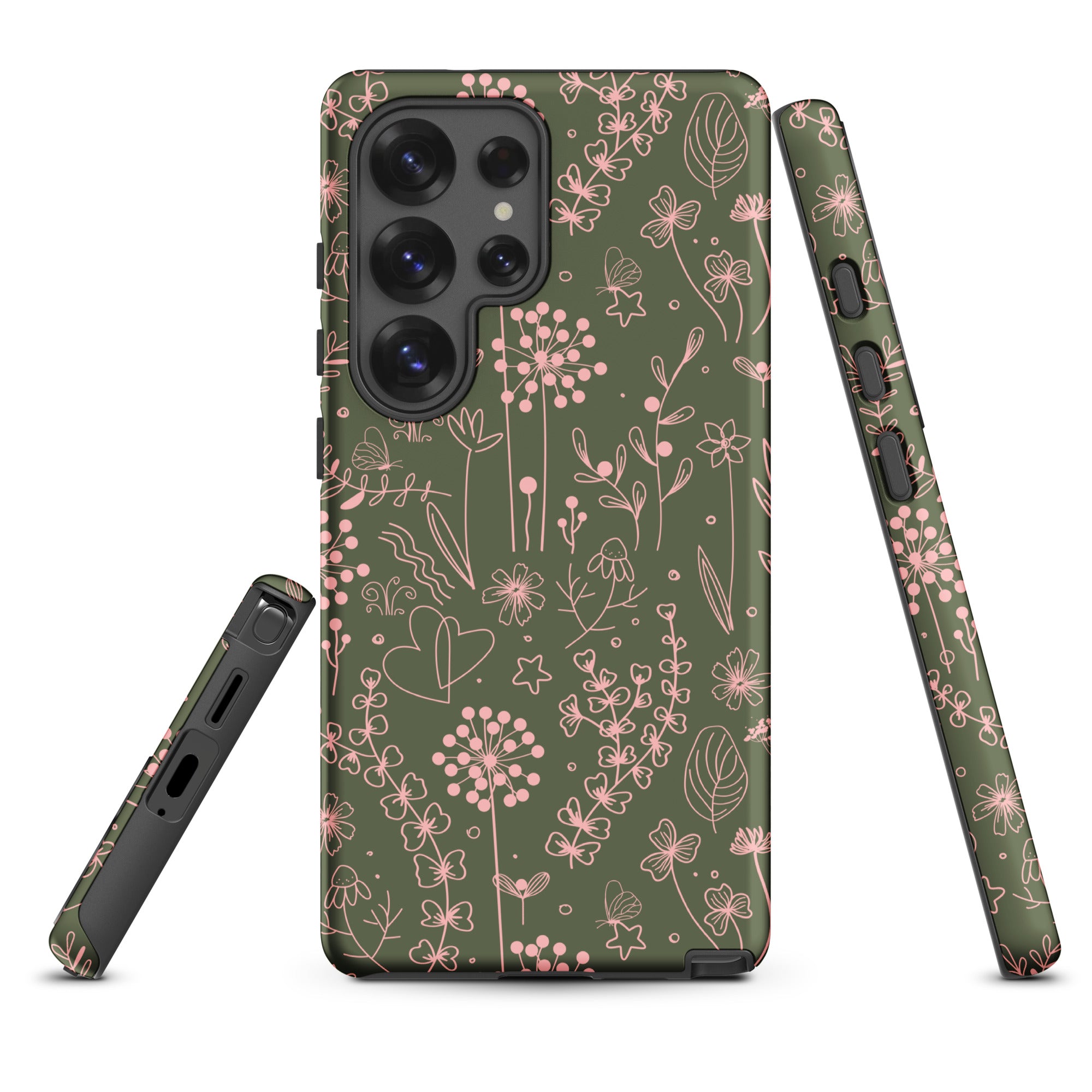 Olive Green Pink Line Art Floral Tough Case for Samsung