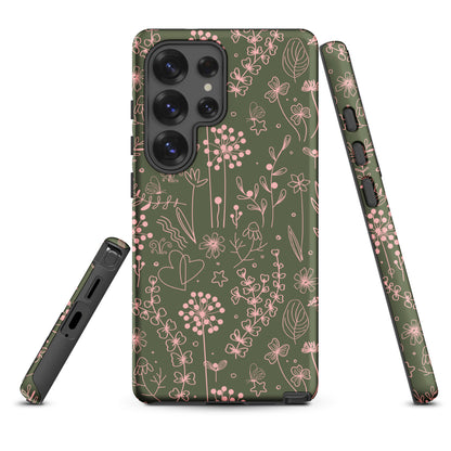 Olive Green Pink Line Art Floral Tough Case for Samsung