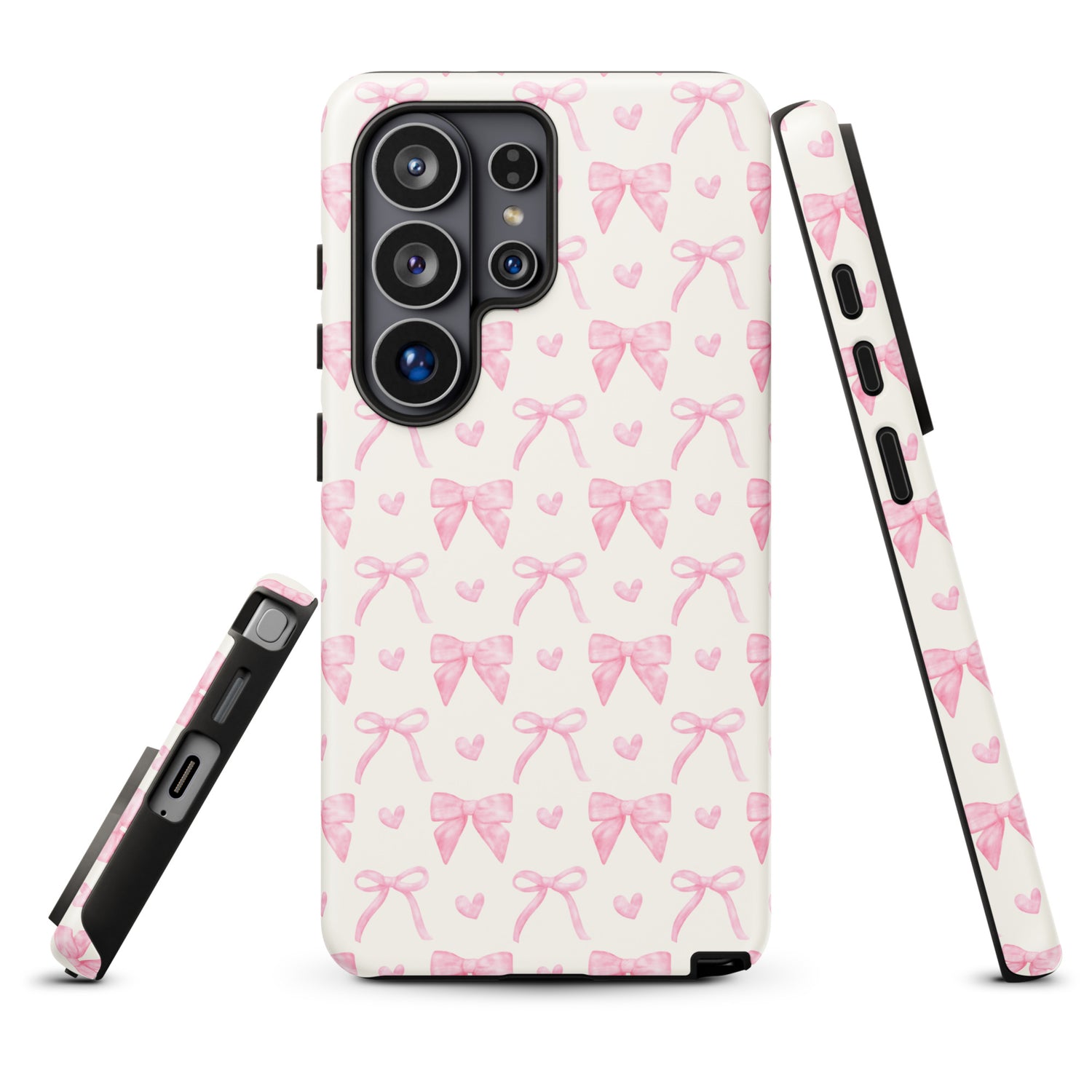 a phone case with a pink bow pattern.