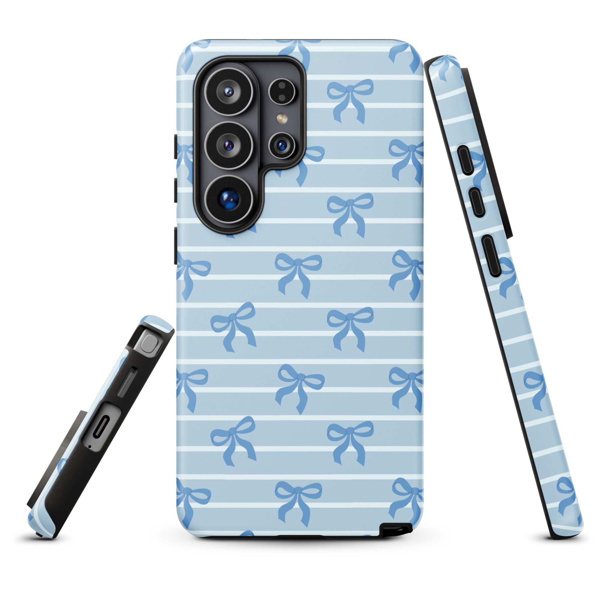 a phone case with a blue and white striped pattern, and it has a bow design on it.