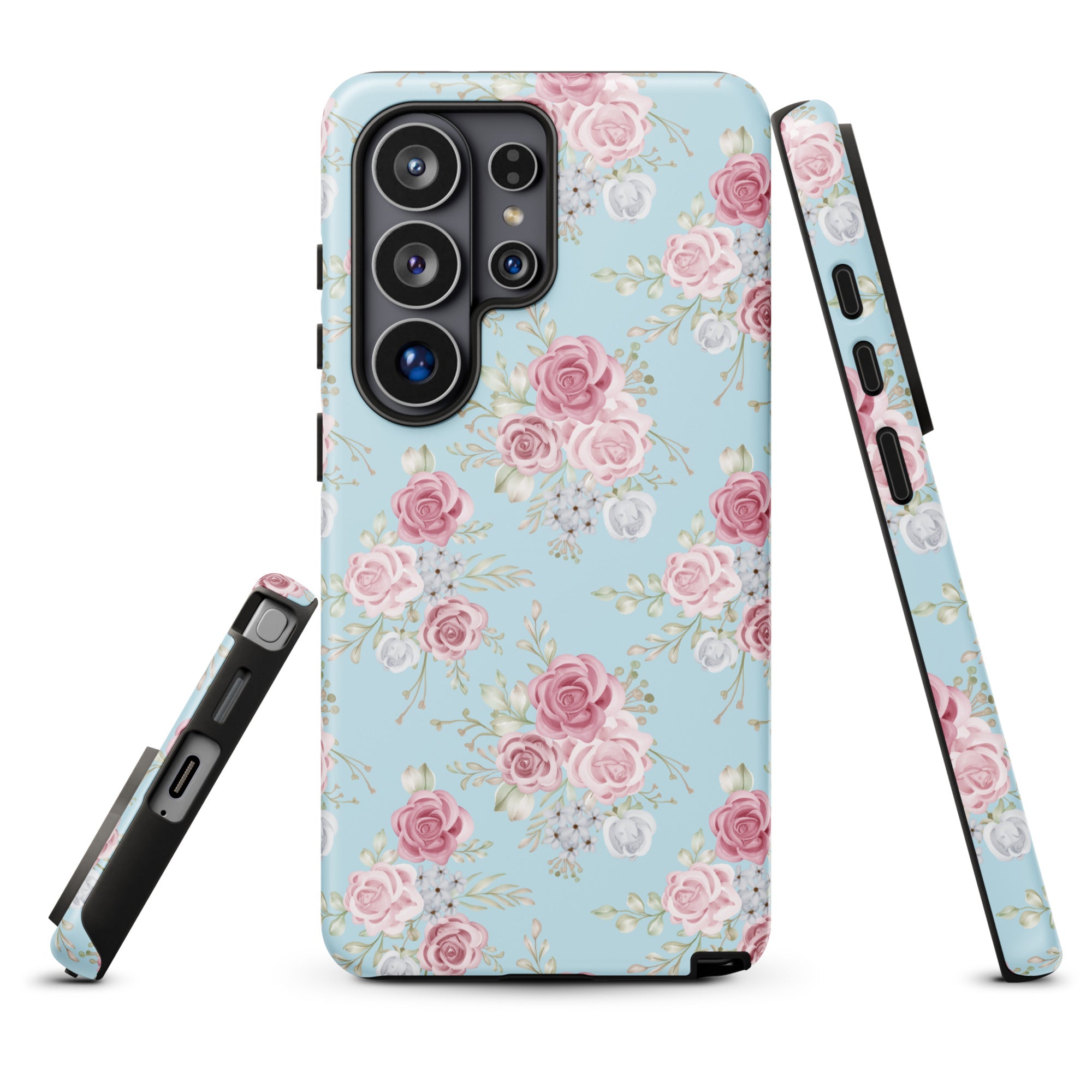 a phone case with a floral pattern in shades of pink and white.