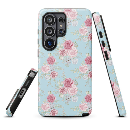 a phone case with a floral pattern in shades of pink and white.