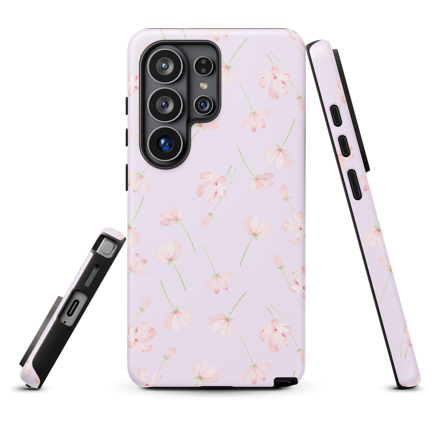 a pink phone case with a floral pattern, including pink flowers and green stems.