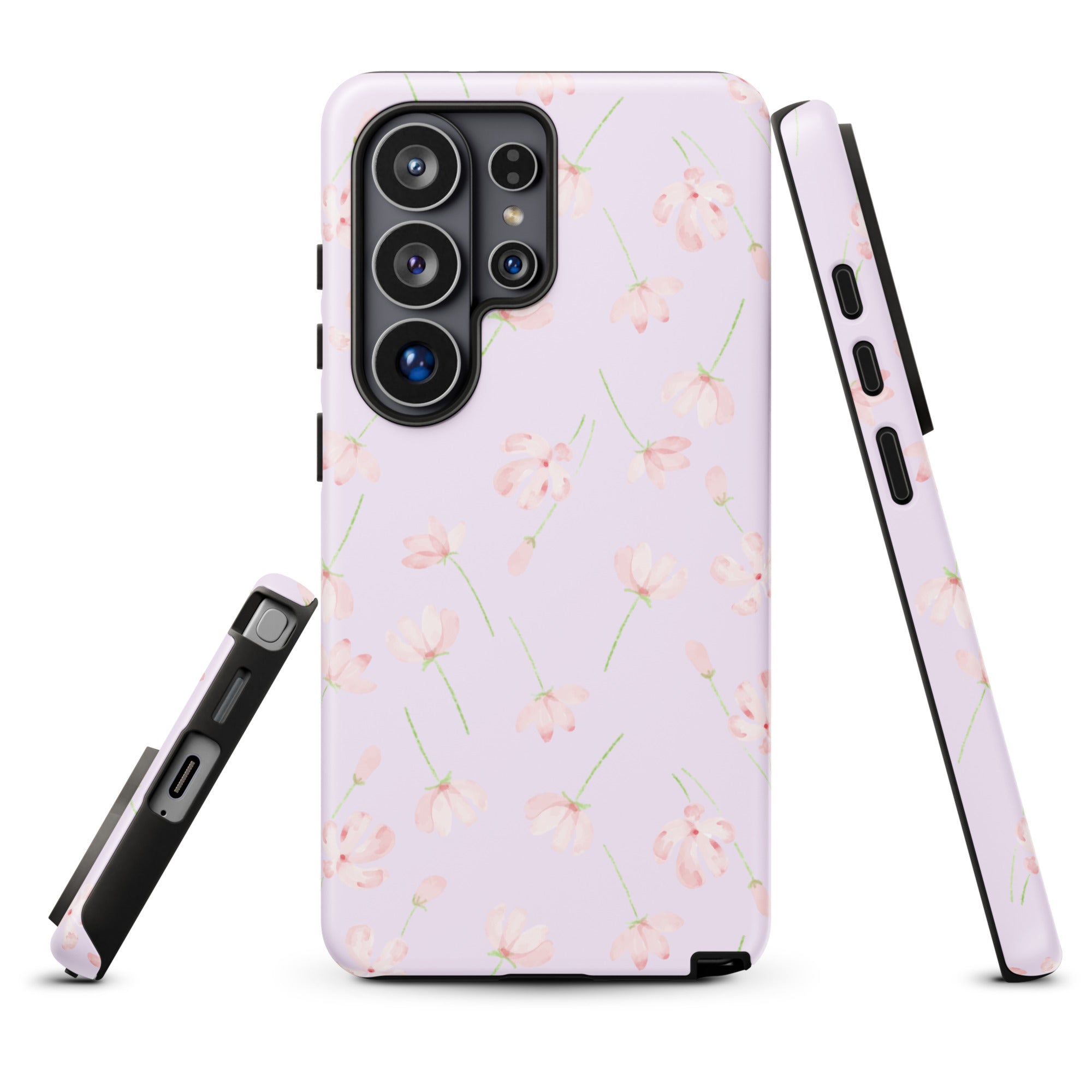 a pink phone case with a floral pattern, including pink flowers and green stems.