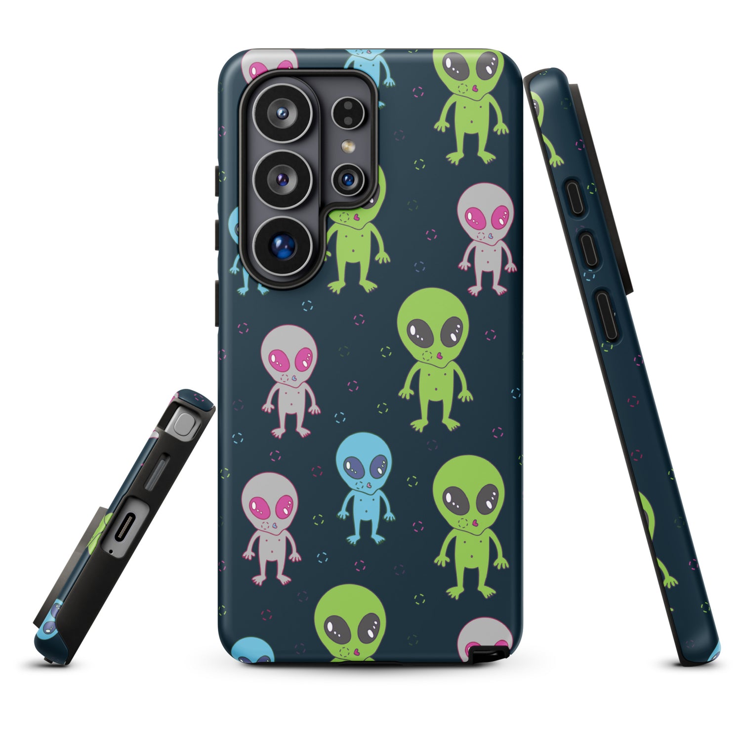 a phone case with a pattern of colorful alien characters on a dark background.