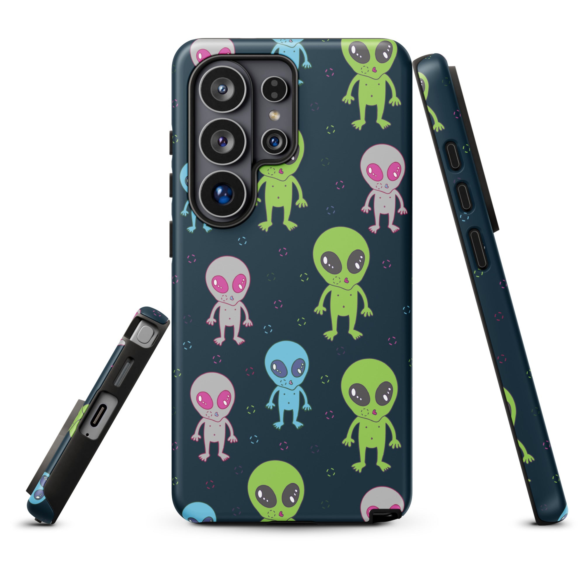 a phone case with a pattern of colorful alien characters on a dark background.