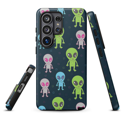 a phone case with a pattern of colorful alien characters on a dark background.