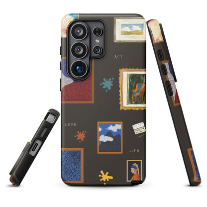 a phone case with a colorful and artistic design, including various paintings and illustrations.