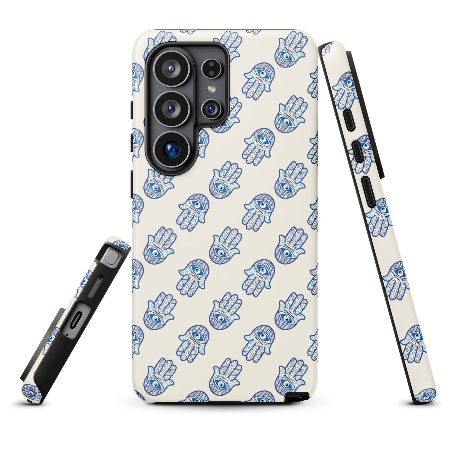 a phone case with a repeating pattern of blue hand-like icons on a white background.