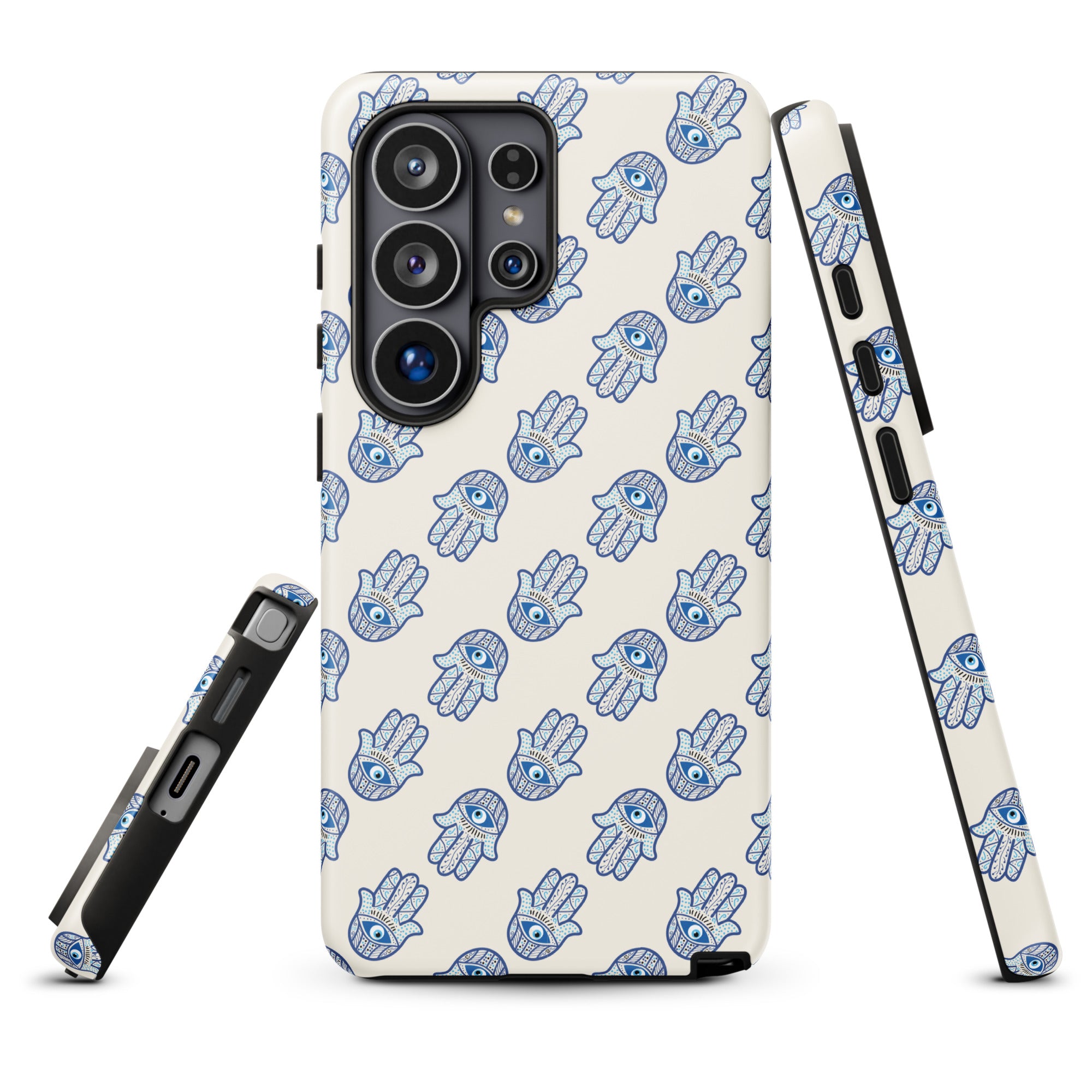 a phone case with a repeating pattern of blue hand-like icons on a white background.