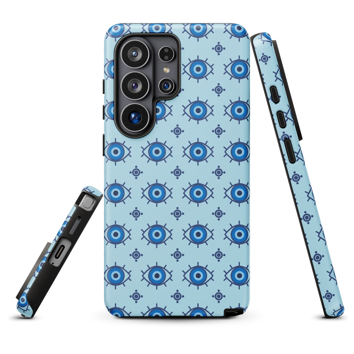 a phone case with a pattern of blue eyes on a light blue background.