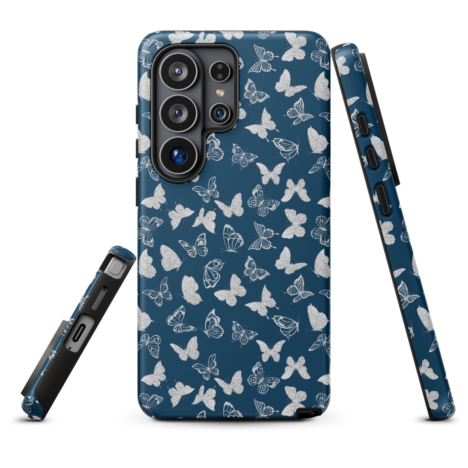 a blue phone case with a white butterfly pattern.