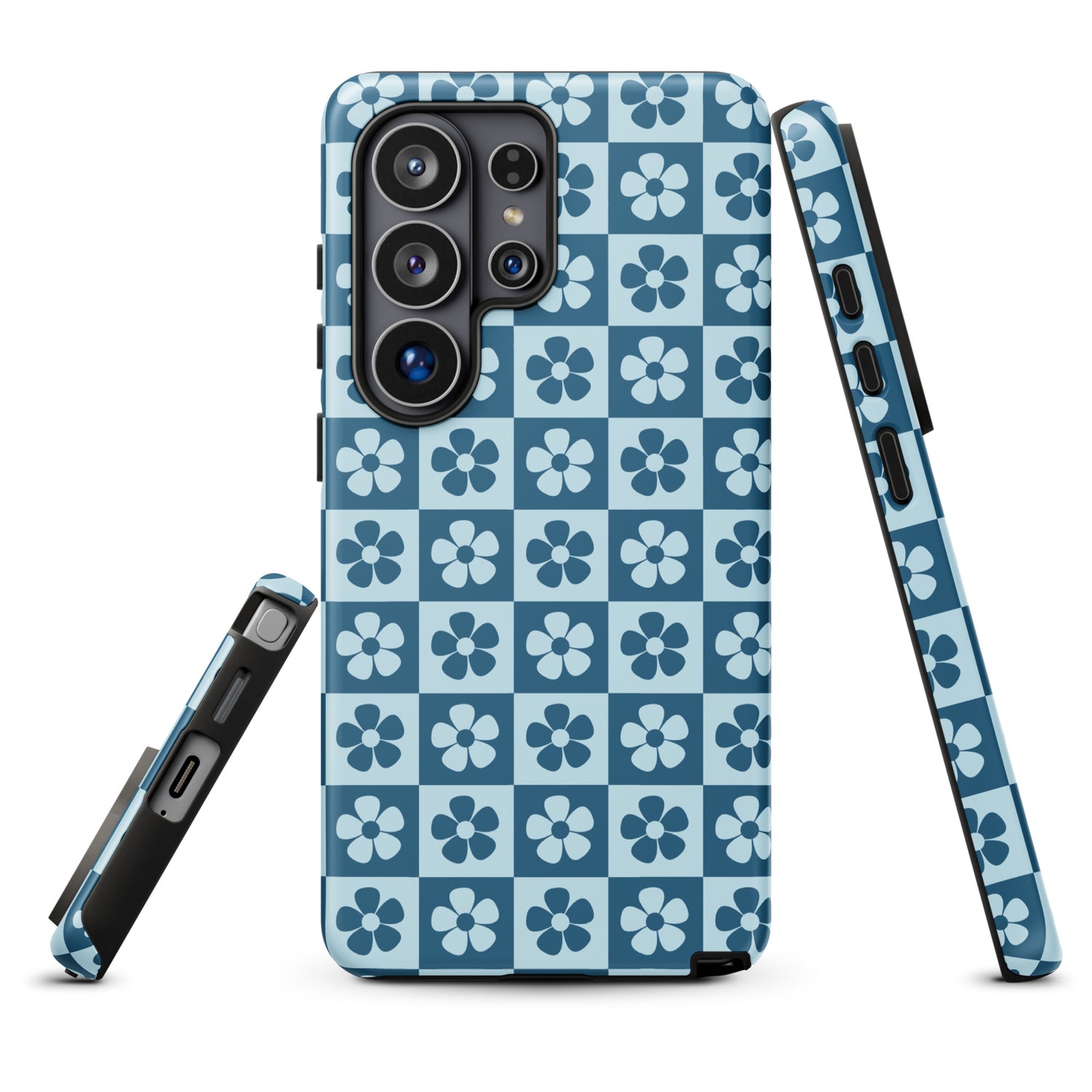 a phone case with a blue and white checkered pattern.