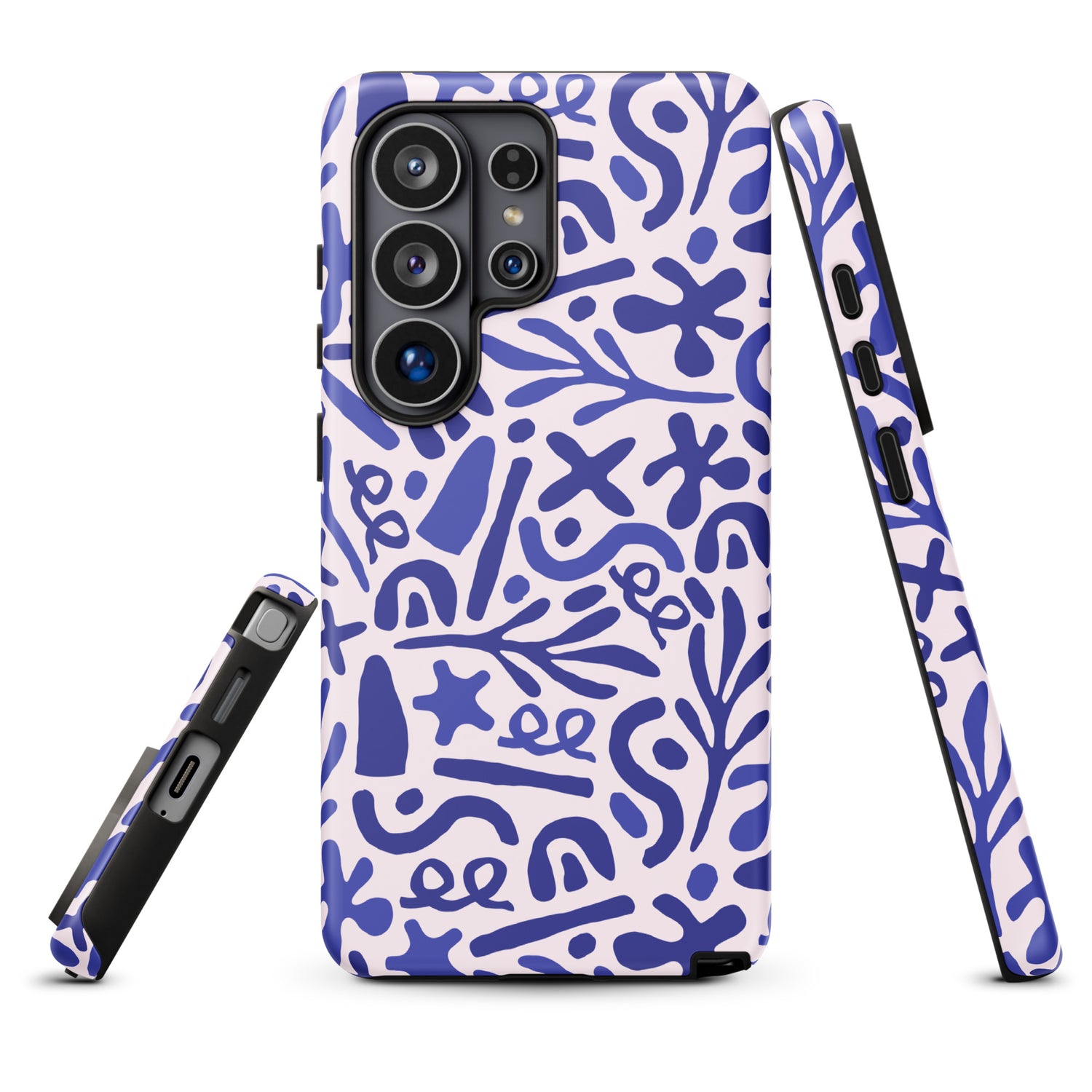 a phone case with a blue and white abstract pattern, including various shapes and designs.