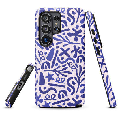 a phone case with a blue and white abstract pattern, including various shapes and designs.