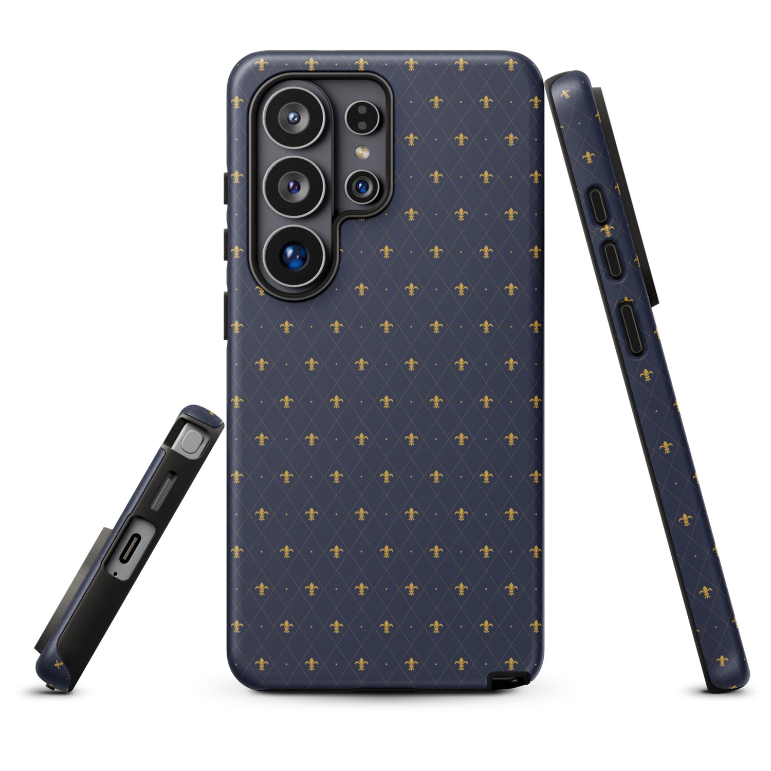a phone case with a navy blue pattern of small gold fleur de lis crosses on a dark background.