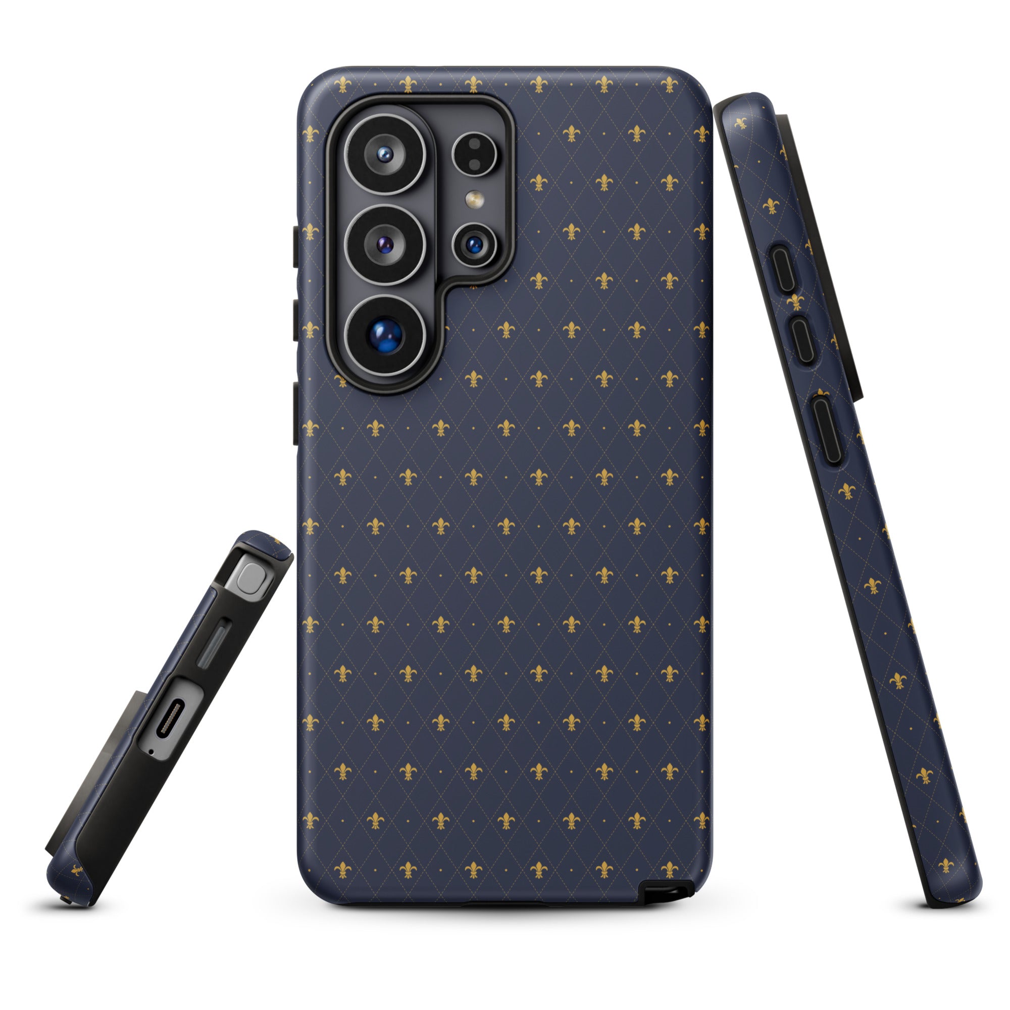 a phone case with a navy blue pattern of small gold fleur de lis crosses on a dark background.