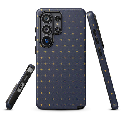 a phone case with a navy blue pattern of small gold fleur de lis crosses on a dark background.
