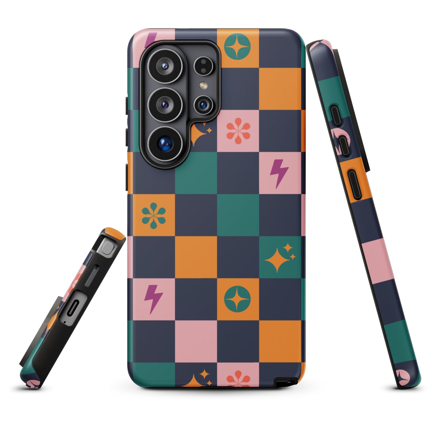 a colorful phone case with a checkered pattern and various geometric shapes, including flowers and lightning bolts.