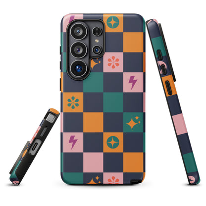 a colorful phone case with a checkered pattern and various geometric shapes, including flowers and lightning bolts.