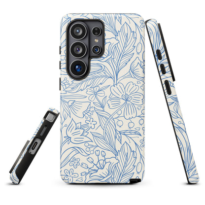 a phone case with a floral pattern in blue and white colors.