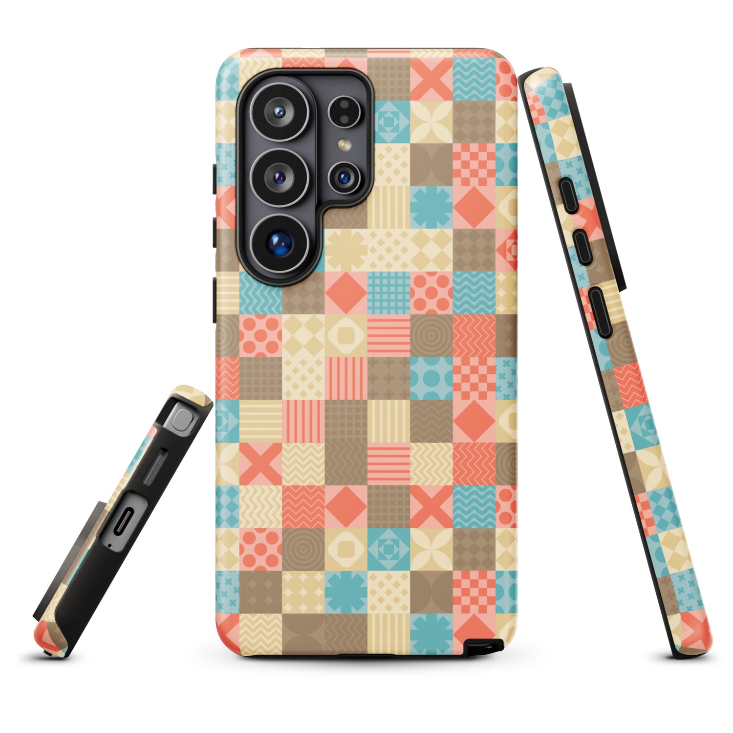a colorful phone case with a geometric pattern of squares and rectangles in various shades of orange, beige, and blue.