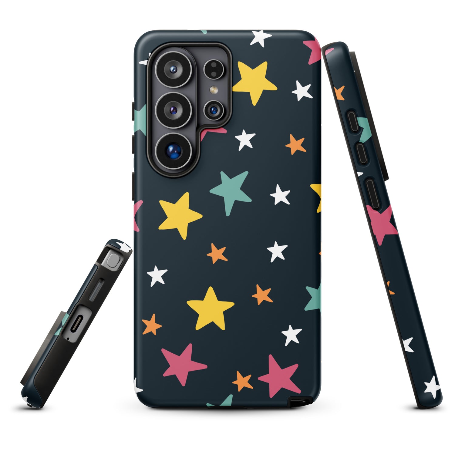 a phone case with a black background and a pattern of colorful stars on it.