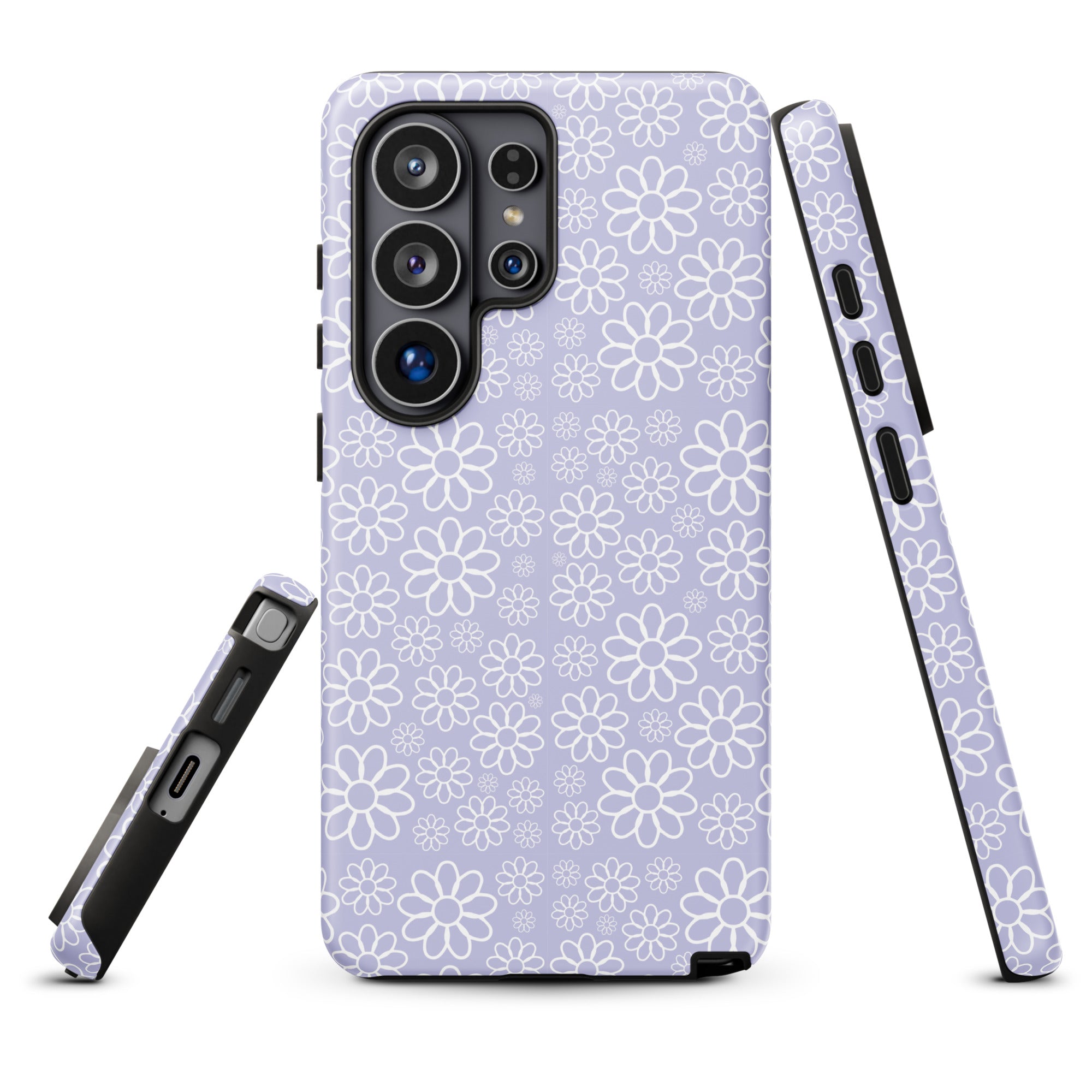 a phone case with a floral pattern in shades of purple.