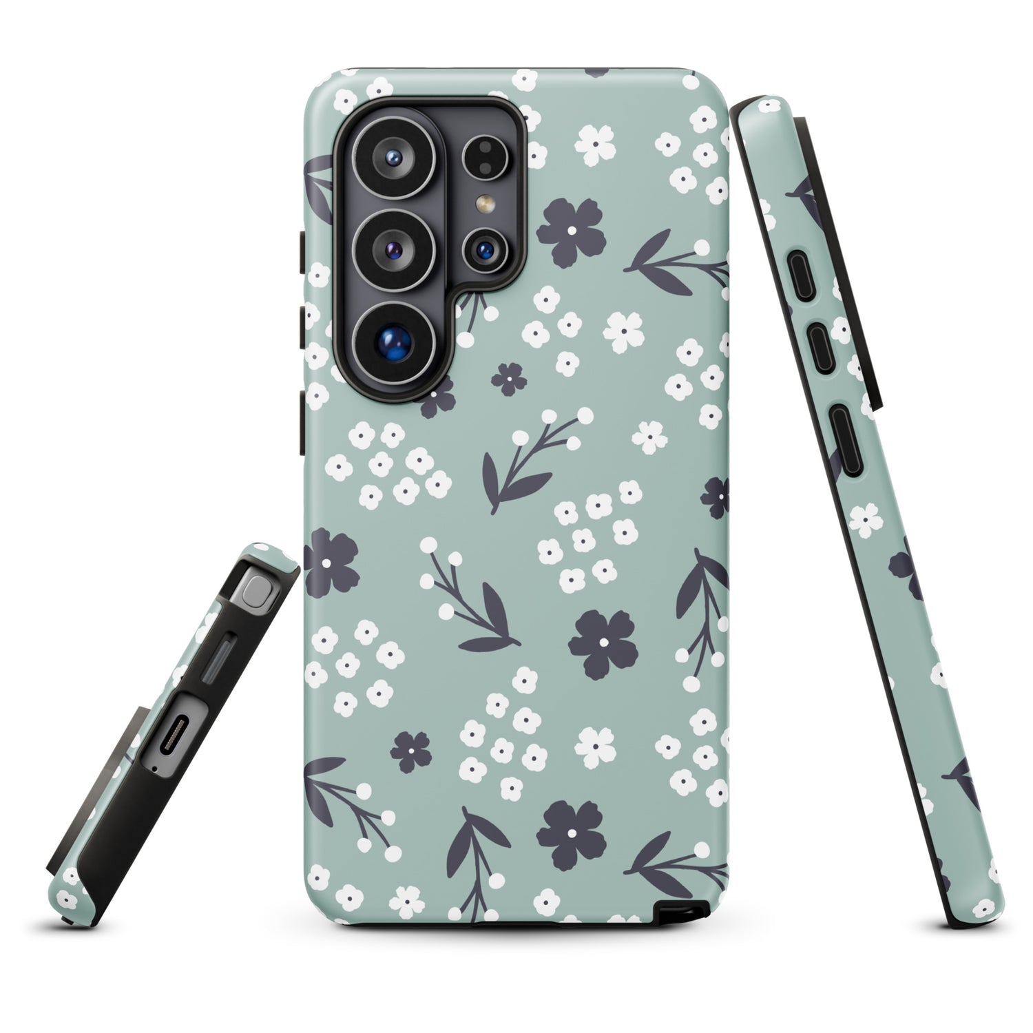 a phone case with a floral pattern in shades of mint green and white.