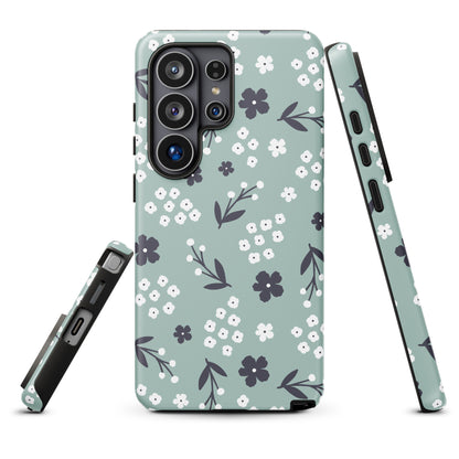 a phone case with a floral pattern in shades of mint green and white.