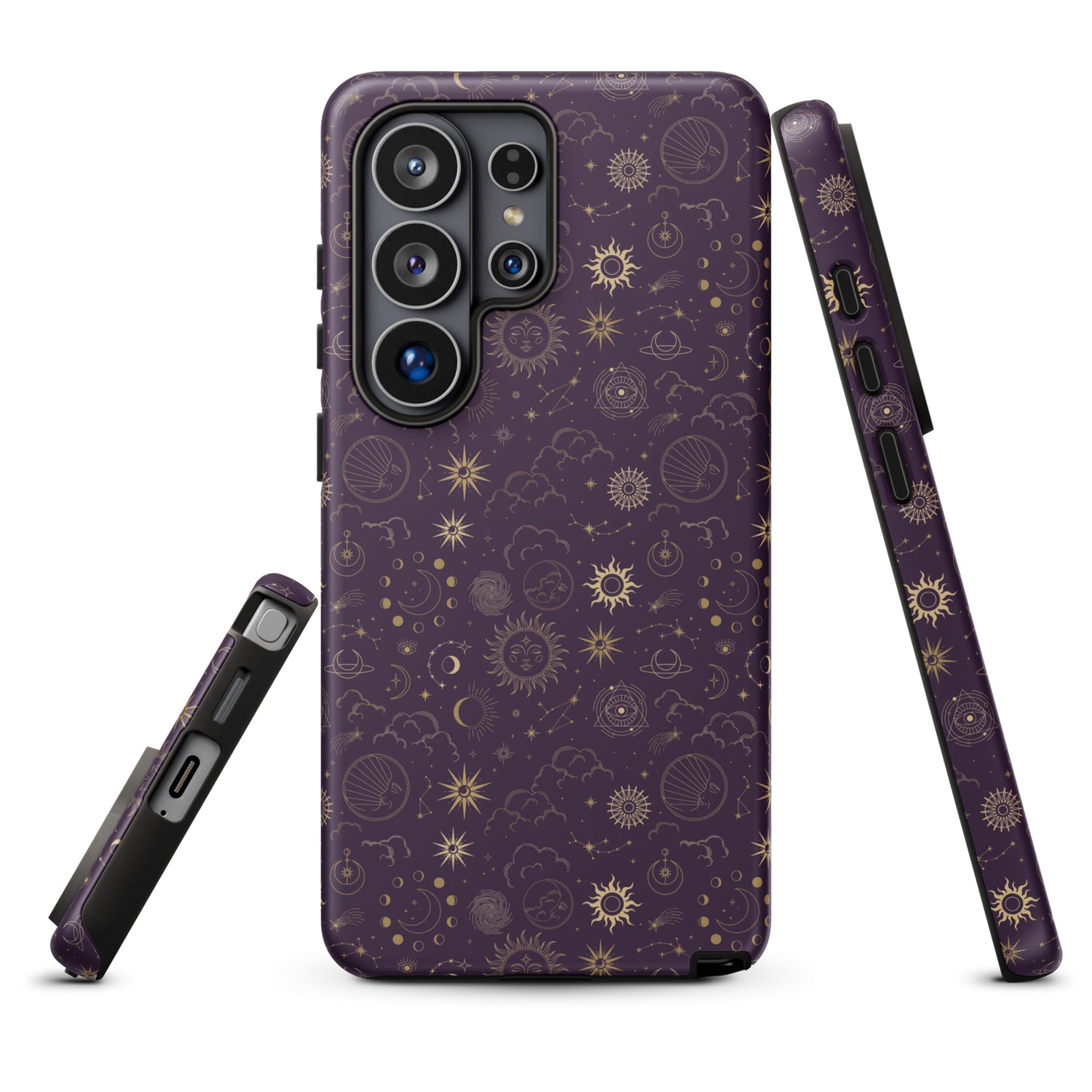 a purple phone case with a gold pattern of stars, planets, and other celestial elements.
