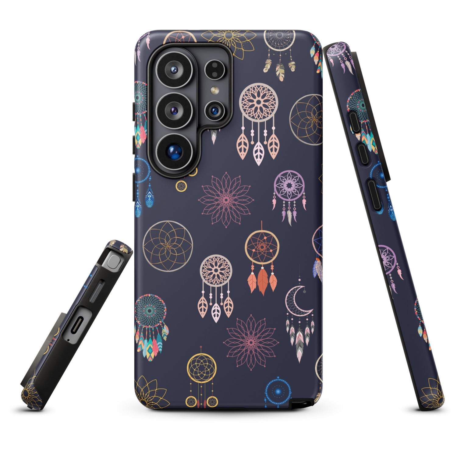 a phone case with a colorful, dreamcatcher-inspired design.