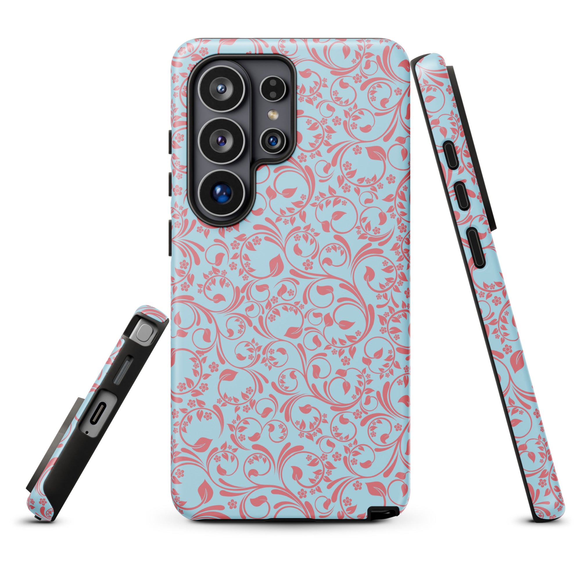 a phone case with a floral pattern in shades of blue and pink.
