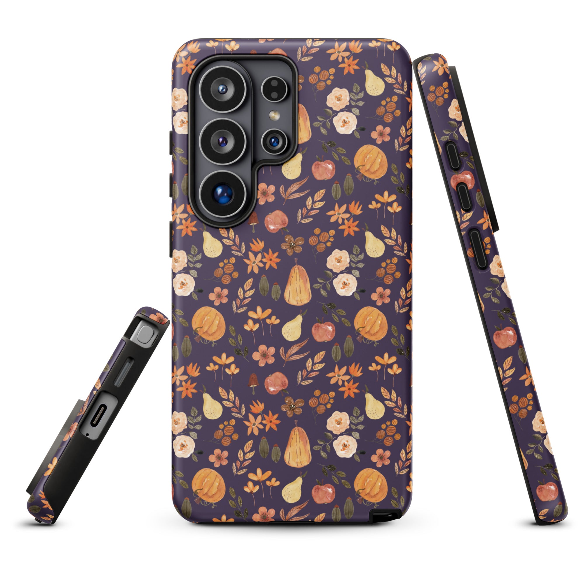 a phone case with a floral pattern, including various fruits such as pears, apples, and oranges, as well as leaves and flowers. The case appears to be a vibrant and colorful design, suitable for a phone case that adds a touch of personality and style to the device.