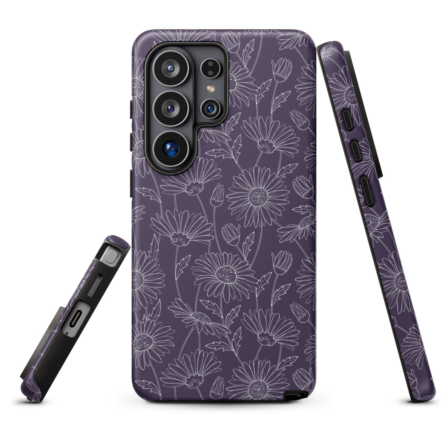 a purple phone case with a floral pattern, including white flowers and leaves.