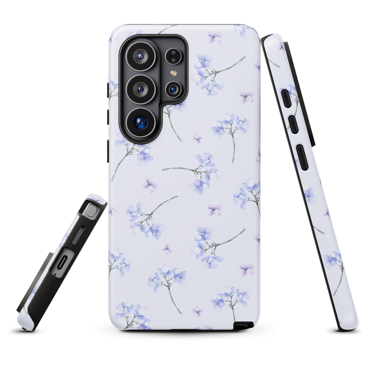 a white phone case with a floral pattern, including blue flowers and stems.