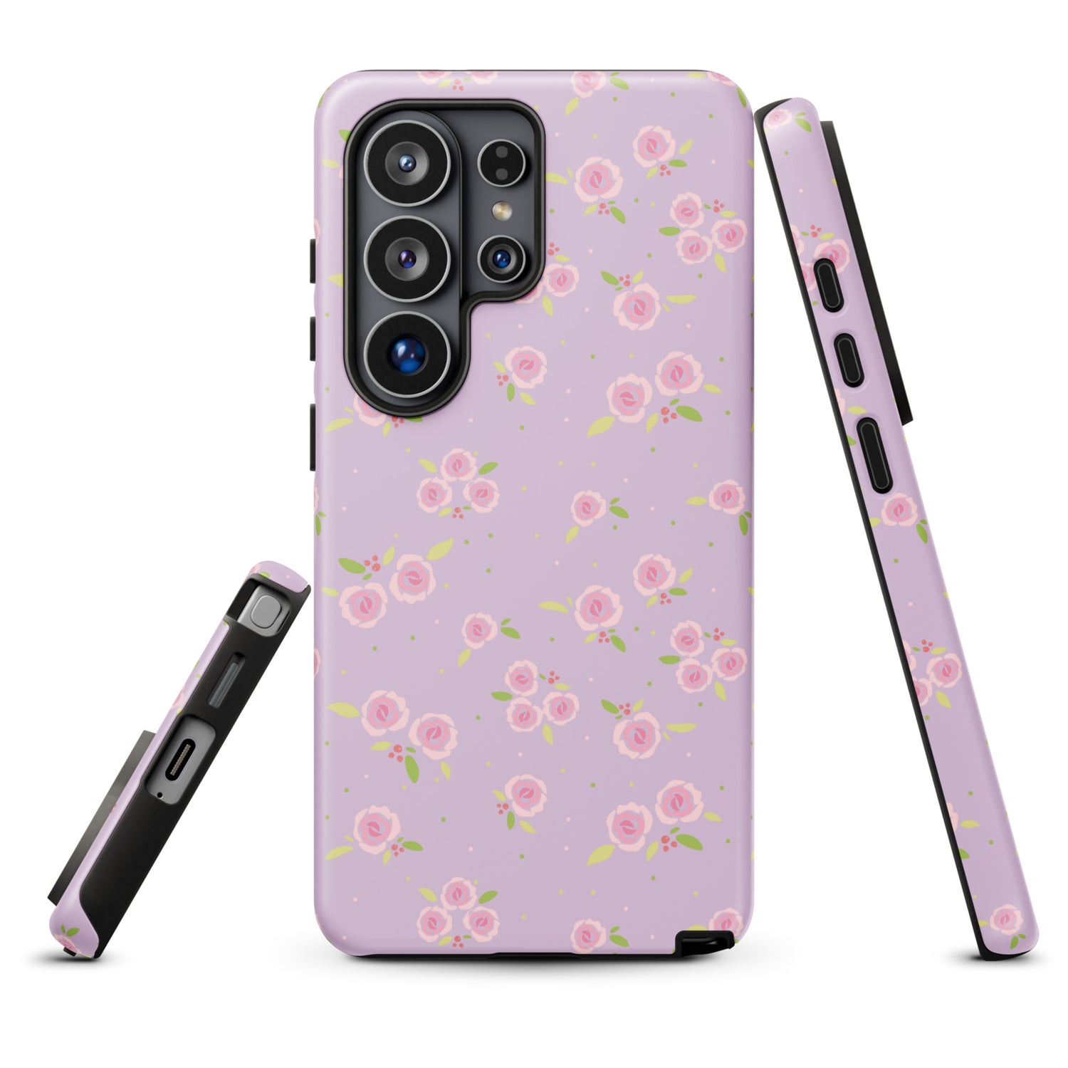 a pink phone case with a floral pattern, including pink roses and green leaves.