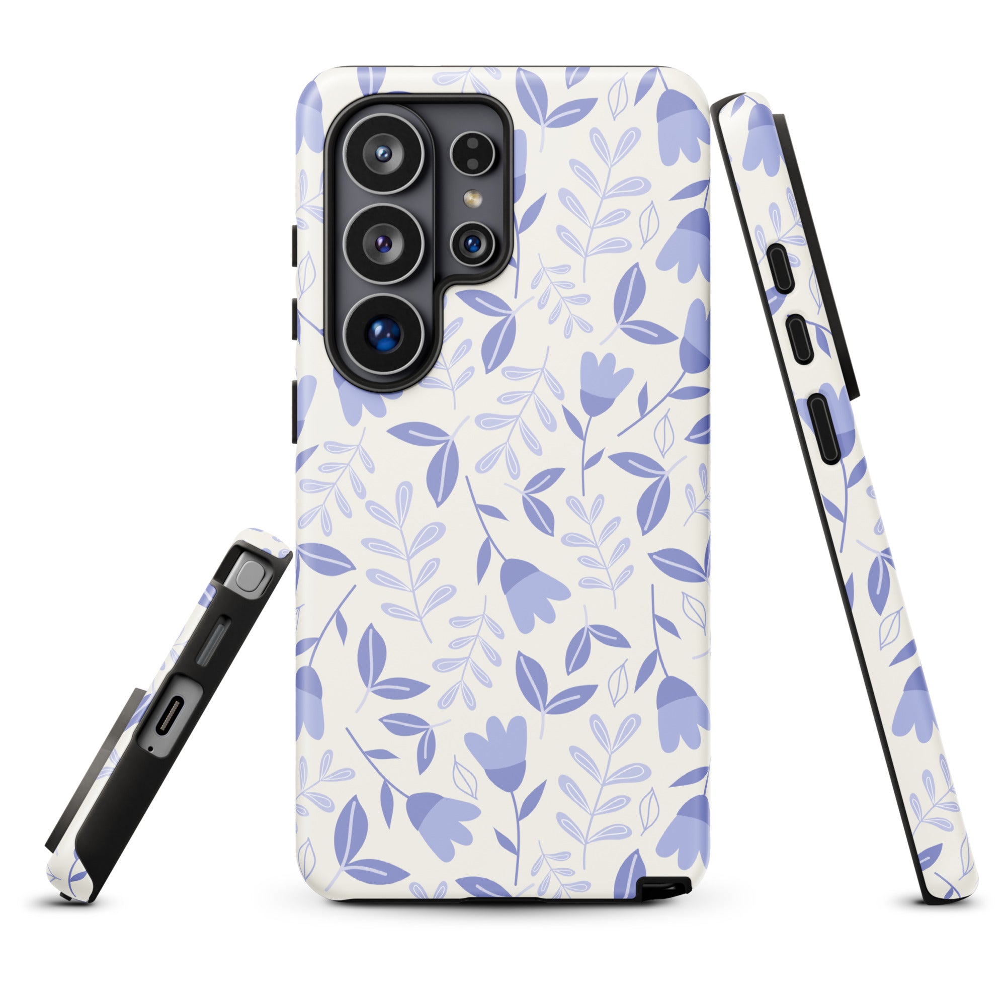 a phone case with a floral pattern in shades of blue and white.