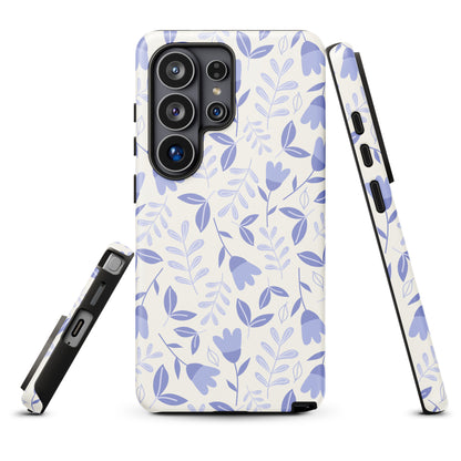a phone case with a floral pattern in shades of blue and white.