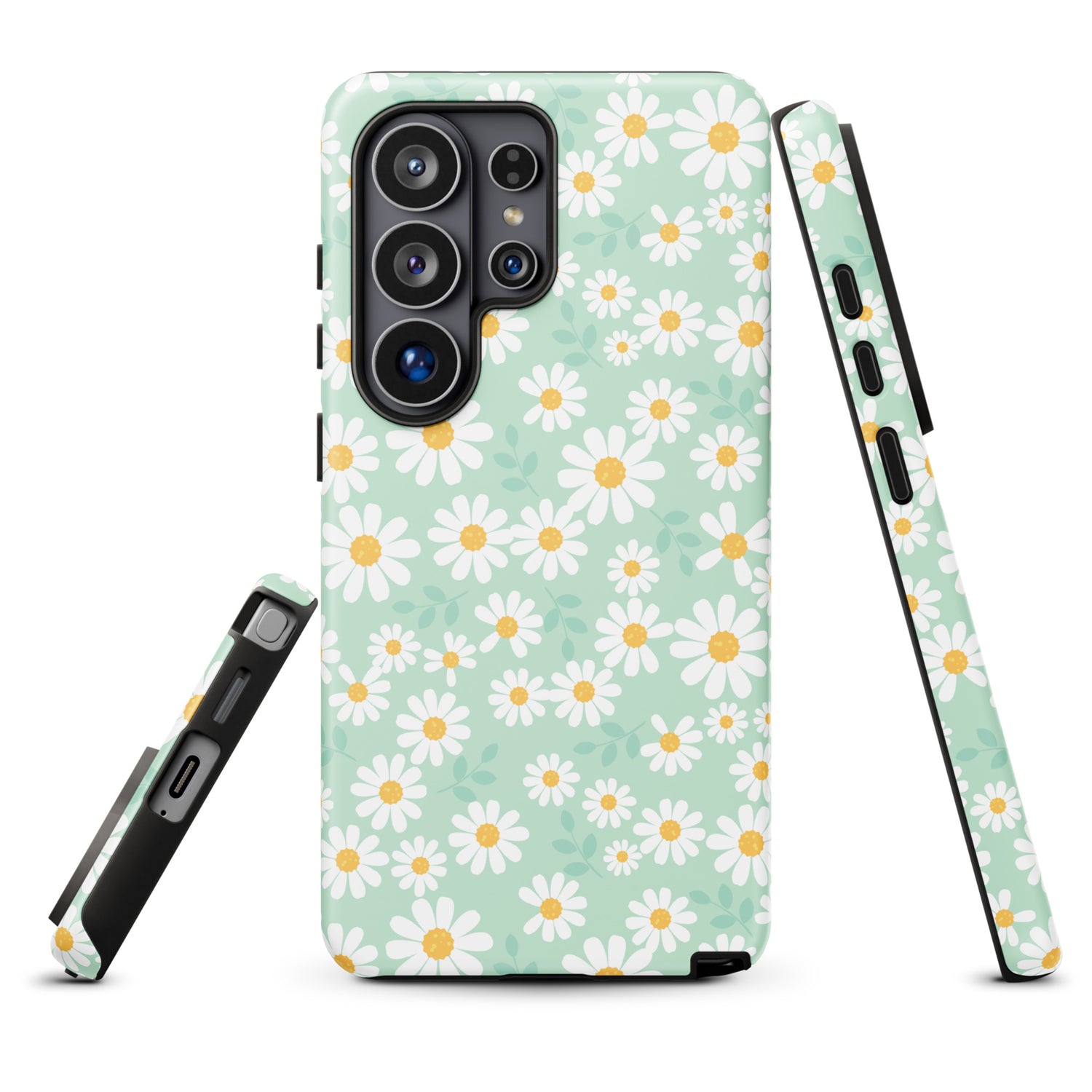 a phone case with a floral pattern in shades of green and white.