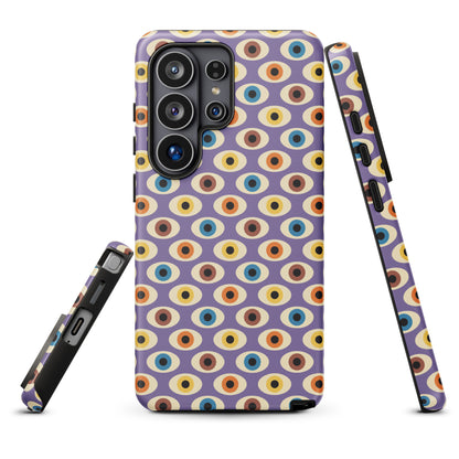 a phone case with a colorful, patterned design of multiple circles in various sizes and colors.