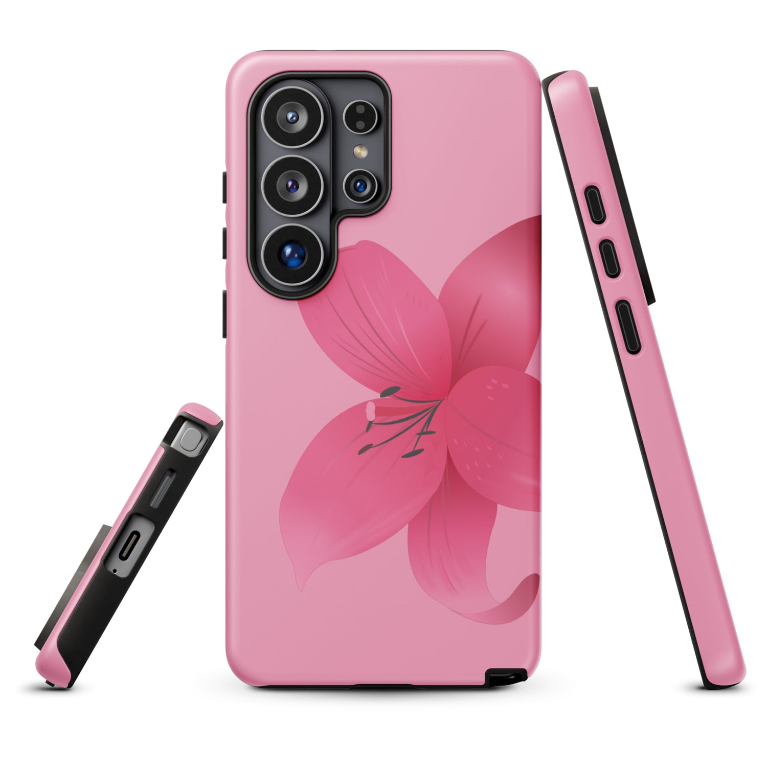 A pink smartphone case with a large pink flower design on it.