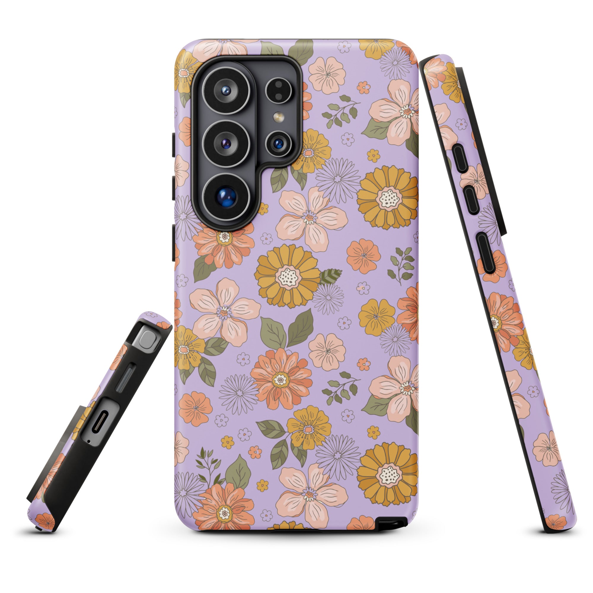 a phone case with a floral pattern in shades of purple and orange.