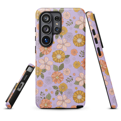 a phone case with a floral pattern in shades of purple and orange.
